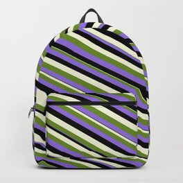 [ Thumbnail: Green, Purple, Black & Beige Colored Lined Pattern Backpack ]