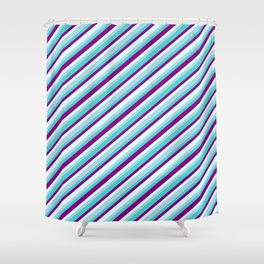 [ Thumbnail: Light Blue, Turquoise, Purple & Light Cyan Colored Stripes Pattern Shower Curtain ]