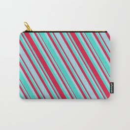 [ Thumbnail: Turquoise, Crimson, and Light Blue Colored Lined Pattern Carry-All Pouch ]