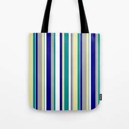 [ Thumbnail: Eye-catching Dark Cyan, Pale Goldenrod, Dark Grey, Blue, and White Colored Lines Pattern Tote Bag ]