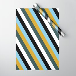 [ Thumbnail: Eyecatching Sky Blue, Goldenrod, Dark Slate Gray, White & Black Colored Lines/Stripes Pattern Wrapping Paper ]