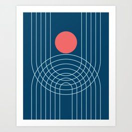 Mid Century Modern Geometric 52 (in night Blue and Coral) Art Print