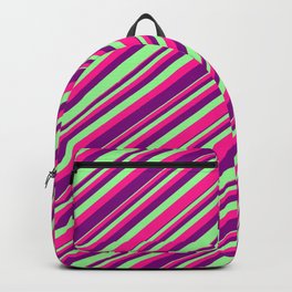 [ Thumbnail: Green, Deep Pink, and Purple Colored Stripes/Lines Pattern Backpack ]