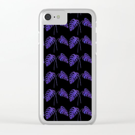 Indigo Monstera Leaf Watercolor on Black Clear iPhone Case