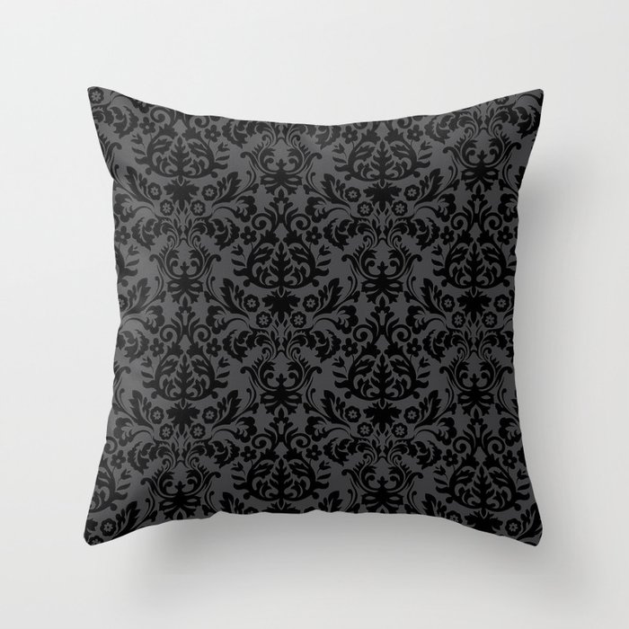 Modern Black Silver Damask Floral Style Collection Throw Pillow