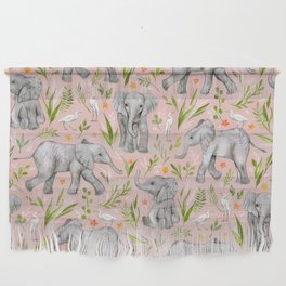 Baby Elephants and Egrets in watercolor - blush pink Wall Hanging