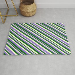 [ Thumbnail: Purple, Dark Green, and Light Yellow Colored Stripes Pattern Rug ]