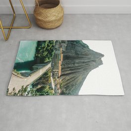 Mountain landscape with houses, water and bridge | Nature & travel photograph in Sisteron, France, South Europe (vintage, pastel color) Rug