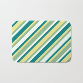 [ Thumbnail: Tan, Dark Sea Green, Mint Cream & Teal Colored Lines/Stripes Pattern Bath Mat ]