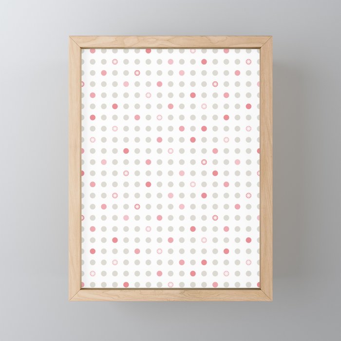 White Pink Mid Mod Flower Polka Dots Framed Mini Art Print