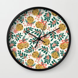 Jingle Bells Wall Clock | Green, Pattern, Holidaypattern, Sparkle, Graphicdesign, Retro, Berries, Christmas, Christmasholly, Bows 