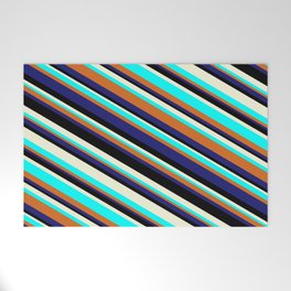 [ Thumbnail: Eye-catching Beige, Aqua, Chocolate, Midnight Blue, and Black Colored Lined Pattern Welcome Mat ]