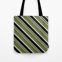 [ Thumbnail: Tan, Dark Olive Green, Mint Cream & Black Colored Stripes Pattern Tote Bag ]