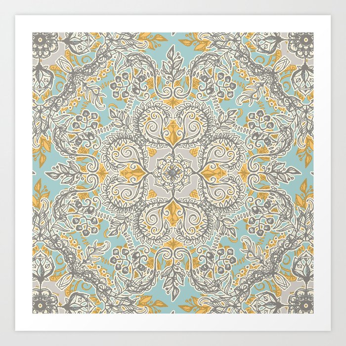 Gypsy Floral in Soft Neutrals, Grey & Yellow on Sage Art Print
