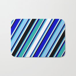 [ Thumbnail: Vibrant Blue, Light Sea Green, Light Sky Blue, White & Black Colored Lines/Stripes Pattern Bath Mat ]