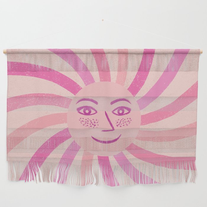 Retro Happy Sun Face Pink Wall Hanging