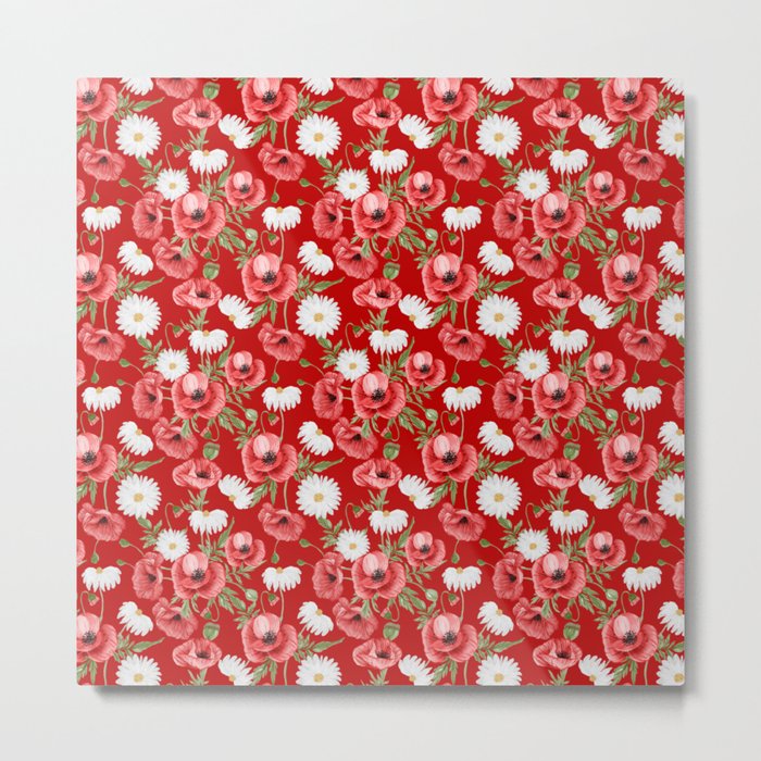 Daisy and Poppy Seamless Pattern on Red Background Metal Print