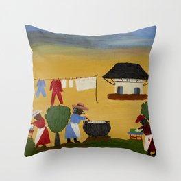 African American Masterpiece 'The Wash' portrait painting by Clementine Hunter   Throw Pillow