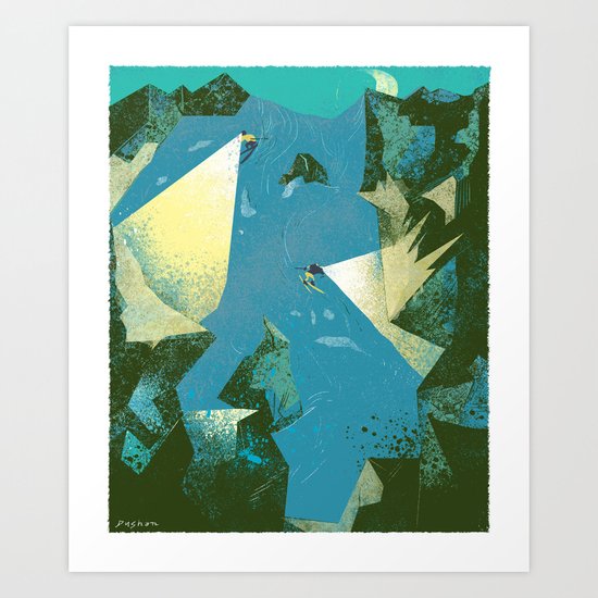 Mountainous Night Skiing Art Print