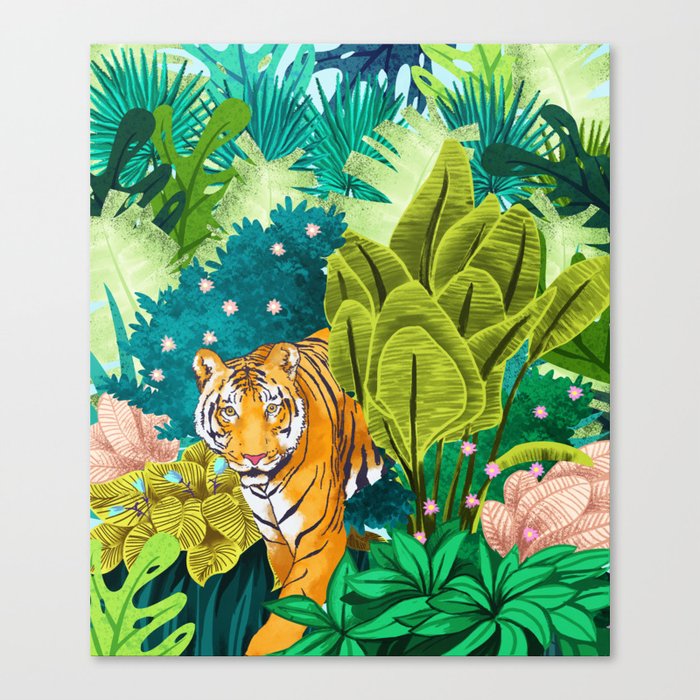 Jungle Tiger | Modern Bohemian Colorful Forest | Tropical Botanical Nature Watercolor Painting Canvas Print