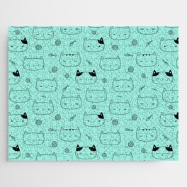Seafoam and Black Doodle Kitten Faces Pattern Jigsaw Puzzle