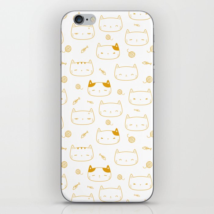 Mustard Doodle Kitten Faces Pattern iPhone Skin