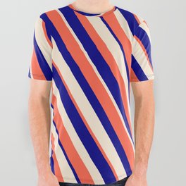 [ Thumbnail: Red, Blue & Beige Colored Striped Pattern All Over Graphic Tee ]
