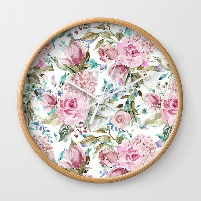 Country chic blush pink teal lavender watercolor floral Wall Clock