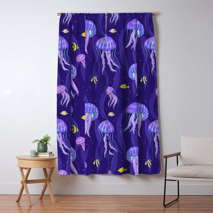Sea Jellyfish On Dark Purple Background Blackout Curtain By
