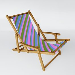 [ Thumbnail: Green, Cornflower Blue & Violet Colored Striped Pattern Sling Chair ]