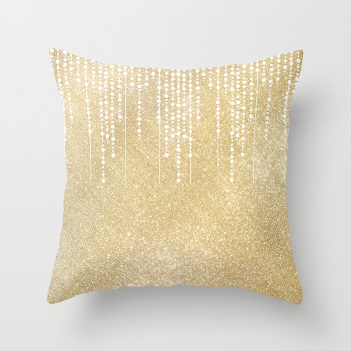 Glam Girly Gold White Ivory Glitter Drips Throw Pillow