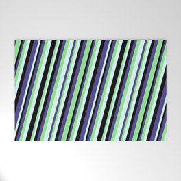 [ Thumbnail: Dark Slate Blue, Light Green, Light Cyan & Black Colored Lines/Stripes Pattern Welcome Mat ]