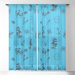 Turquoise And Blue Silhouettes Of Vintage Nautical Pattern Sheer Curtain