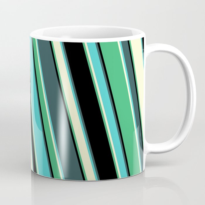 Colorful Dark Slate Gray, Turquoise, Light Yellow, Sea Green, and Black Colored Lined Pattern Coffee Mug
