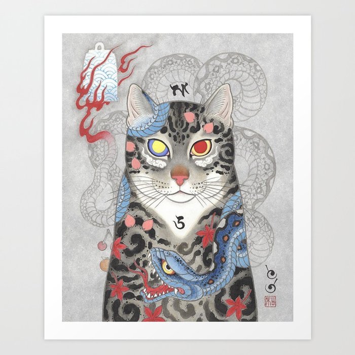 Antique Japanese Woodblock Yakuza Cat Tattoo Blue Snake Art Print
