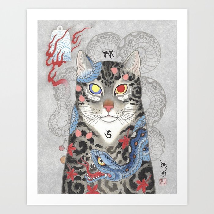 Antique Japanese Woodblock Yakuza Cat Tattoo Blue Snake Art Print by