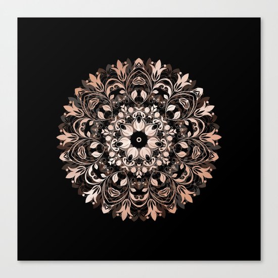Rose Gold Floral Mandala On Black Canvas Print