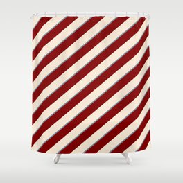[ Thumbnail: Maroon, Beige & Light Slate Gray Colored Lined Pattern Shower Curtain ]