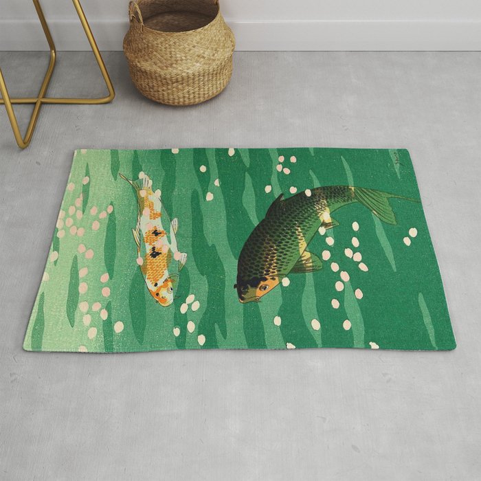 Vintage Japanese Woodblock Print Asian Art Koi Pond Fish Turquoise Green Water Cherry Blossom Rug By Enshape Society6