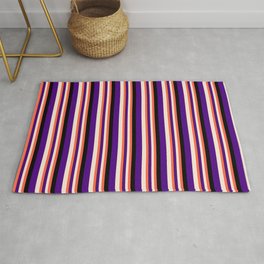 [ Thumbnail: Red, Beige, Indigo, and Black Colored Stripes Pattern Rug ]