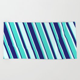 [ Thumbnail: Turquoise, Midnight Blue, and Light Cyan Colored Stripes/Lines Pattern Beach Towel ]