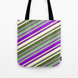 [ Thumbnail: Dark Sea Green, Dark Violet, Light Yellow & Dark Olive Green Colored Stripes Pattern Tote Bag ]