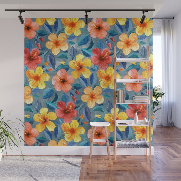 Colorful Watercolor Hibiscus on Grey Blue Wall Mural