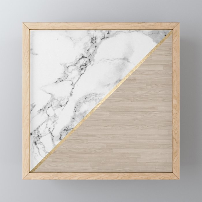 Modern White Marble Gold Stripe Wood Color Block Framed Mini Art Print By Girlytrend Society6