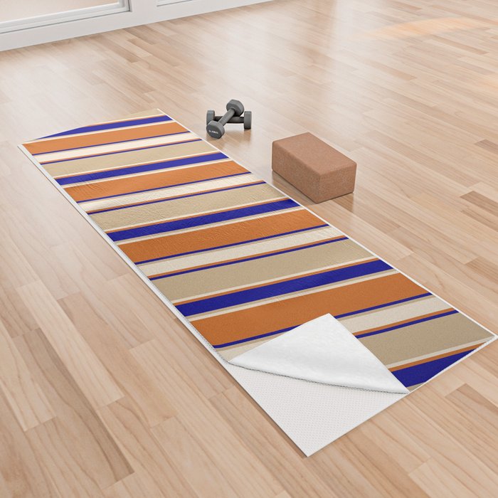 Tan, Beige, Chocolate & Dark Blue Colored Lines Pattern Yoga Towel