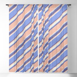 [ Thumbnail: Light Salmon, Beige, Royal Blue & Midnight Blue Colored Stripes/Lines Pattern Sheer Curtain ]