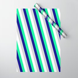 [ Thumbnail: White, Green, Dark Blue & Light Grey Colored Lines Pattern Wrapping Paper ]