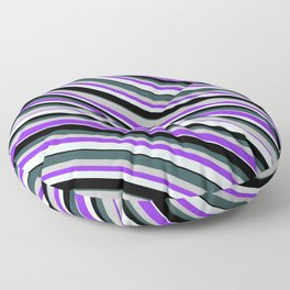 [ Thumbnail: Eye-catching Dark Slate Gray, Grey, Purple, Light Cyan, and Black Colored Lines Pattern Floor Pillow ]