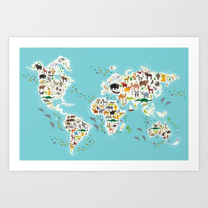 Cartoon animal world map for children and kids, Animals from all over the world Art Print