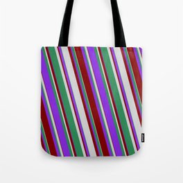 [ Thumbnail: Purple, Maroon, Light Gray, and Sea Green Colored Stripes Pattern Tote Bag ]